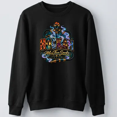 Vibrant illustrative Hookah t-shirt with colorful text and hookah imagery — printed on a unisex sweatshirt
