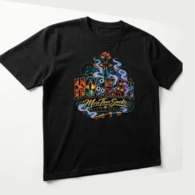 Vibrant illustrative Hookah t-shirt with colorful text and hookah imagery — printed on a unisex t-shirt (angled view)