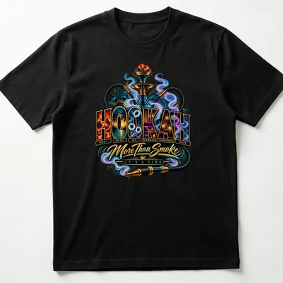 Vibrant illustrative Hookah t-shirt with colorful text and hookah imagery — printed on a unisex t-shirt