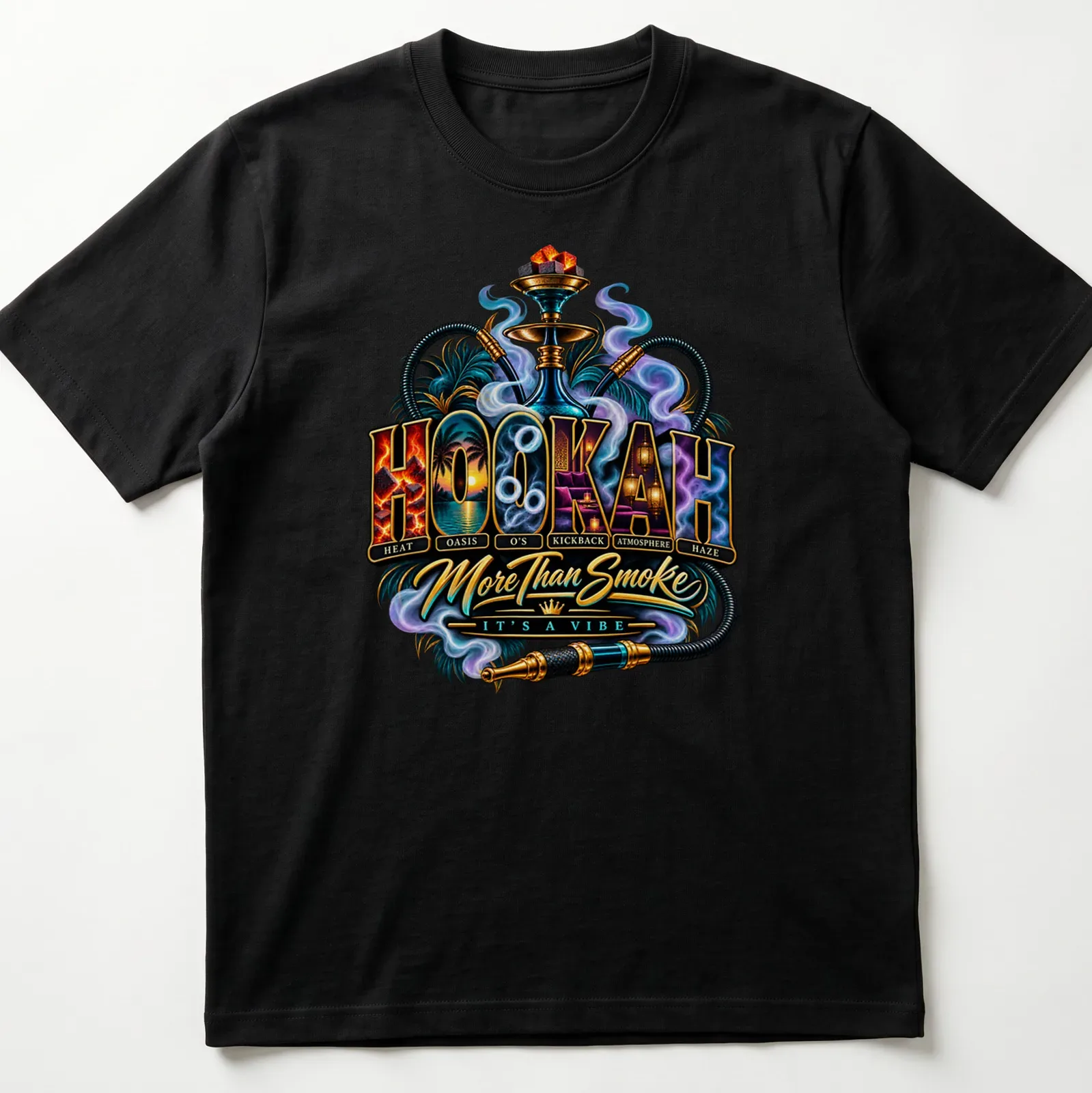 Vibrant illustrative Hookah t-shirt with colorful text and hookah imagery — printed on a unisex t-shirt