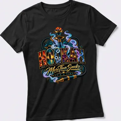 Vibrant illustrative Hookah t-shirt with colorful text and hookah imagery — printed on a women's shirt