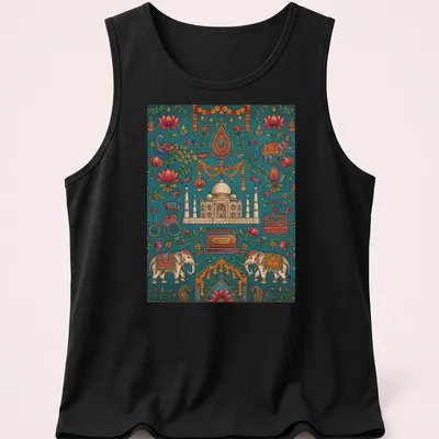 Colorful doodle illustration of Taj Mahal, elephants, peacock, and bicycle with Haribhajan text — printed on a tank top