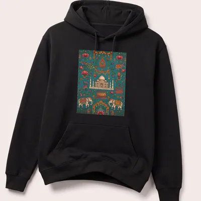Colorful doodle illustration of Taj Mahal, elephants, peacock, and bicycle with Haribhajan text — printed on a unisex hoodie