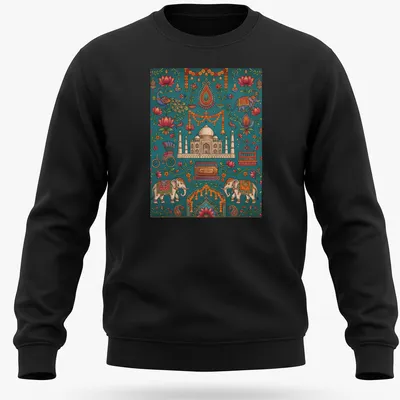 Colorful doodle illustration of Taj Mahal, elephants, peacock, and bicycle with Haribhajan text — printed on a unisex sweatshirt