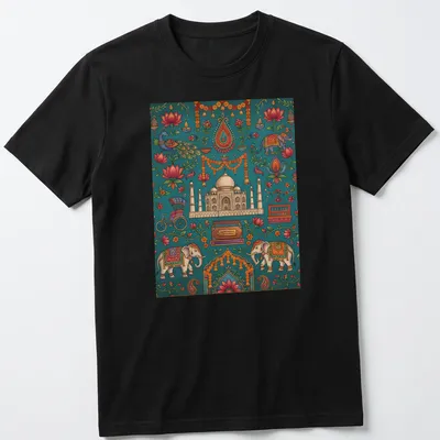 Colorful doodle illustration of Taj Mahal, elephants, peacock, and bicycle with Haribhajan text