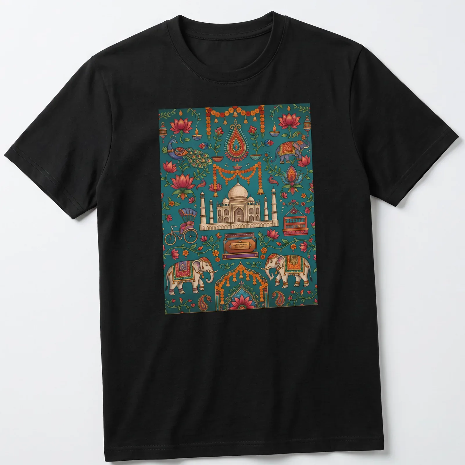Colorful doodle illustration of Taj Mahal, elephants, peacock, and bicycle with Haribhajan text — printed on a unisex t-shirt