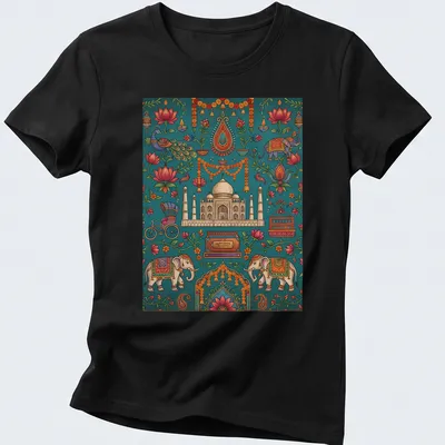 Colorful doodle illustration of Taj Mahal, elephants, peacock, and bicycle with Haribhajan text — printed on a women's shirt