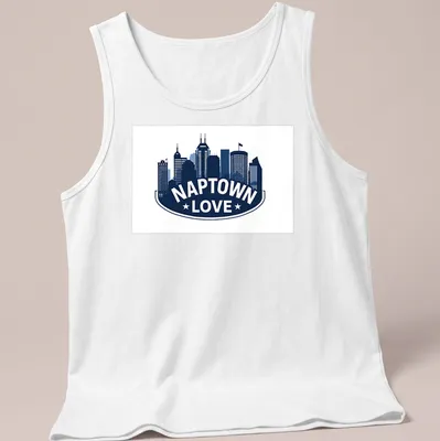 Navy and white silhouette of the Indianapolis skyline with NAPTOWN LOVE text. — printed on a tank top