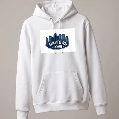 Navy and white silhouette of the Indianapolis skyline with NAPTOWN LOVE text. — printed on a unisex hoodie