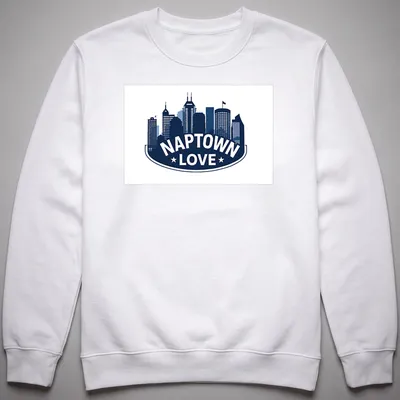 Navy and white silhouette of the Indianapolis skyline with NAPTOWN LOVE text. — printed on a unisex sweatshirt