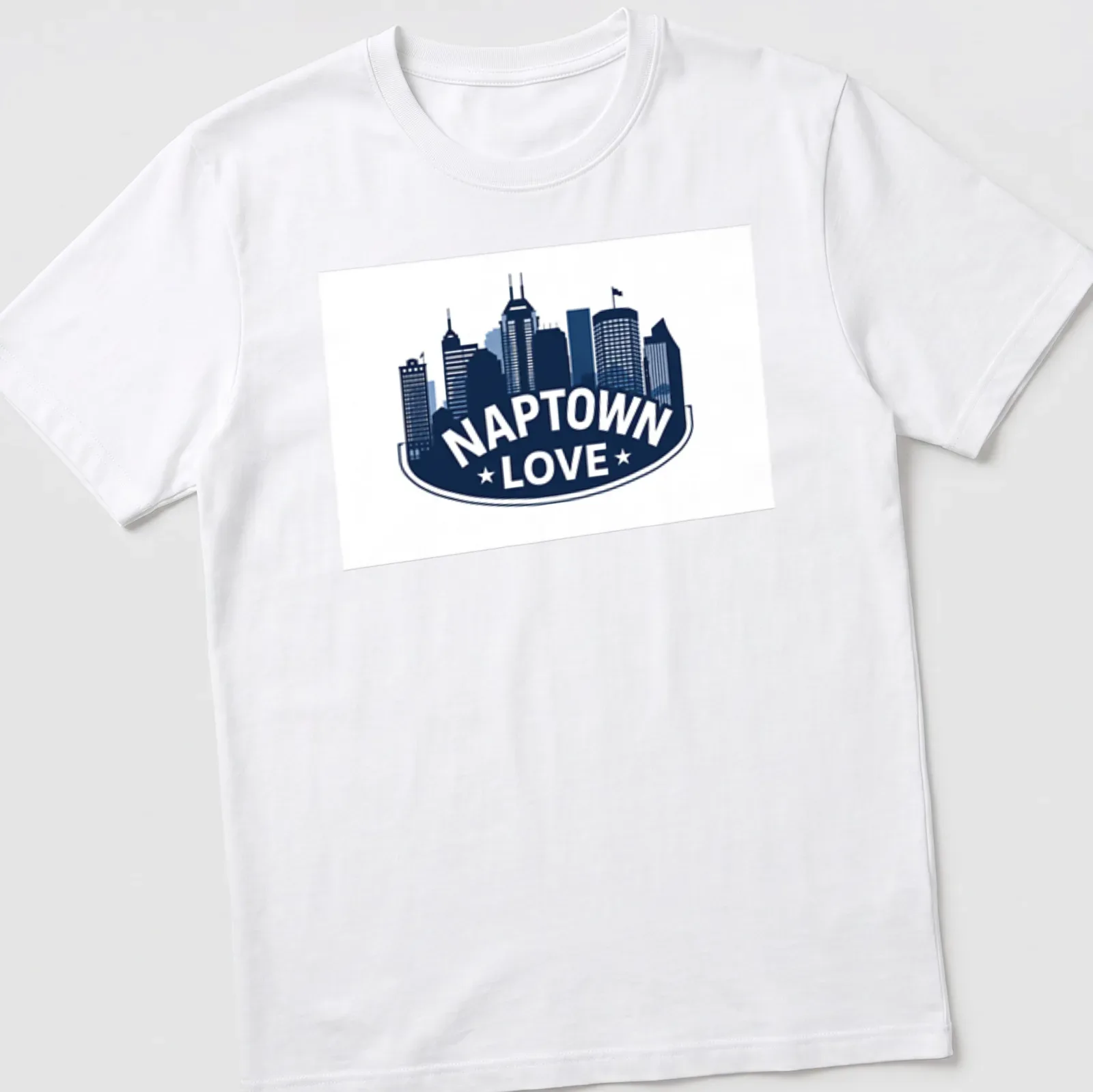 Navy and white silhouette of the Indianapolis skyline with NAPTOWN LOVE text. — printed on a unisex t-shirt