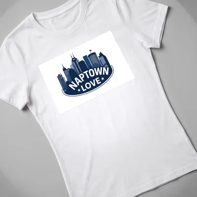Navy and white silhouette of the Indianapolis skyline with NAPTOWN LOVE text. — printed on a women's shirt