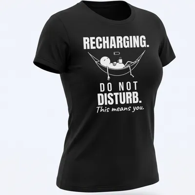 Funny typography tee showing a person relaxing in a hammock with a do not disturb message. — printed on a women's shirt
