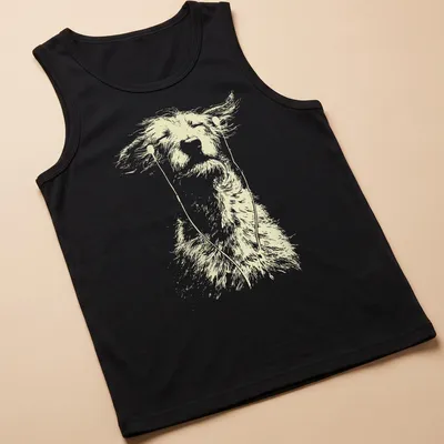 Sketch of an Irish Wolfhound with earbuds, enjoying music in light beige and white. — printed on a tank top