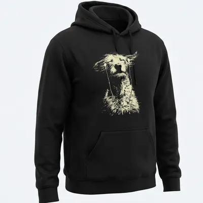 Sketch of an Irish Wolfhound with earbuds, enjoying music in light beige and white. — printed on a unisex hoodie