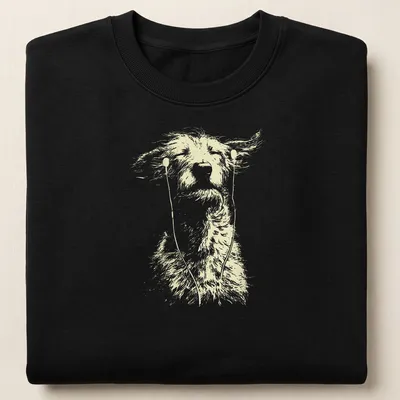 Sketch of an Irish Wolfhound with earbuds, enjoying music in light beige and white. — printed on a unisex sweatshirt