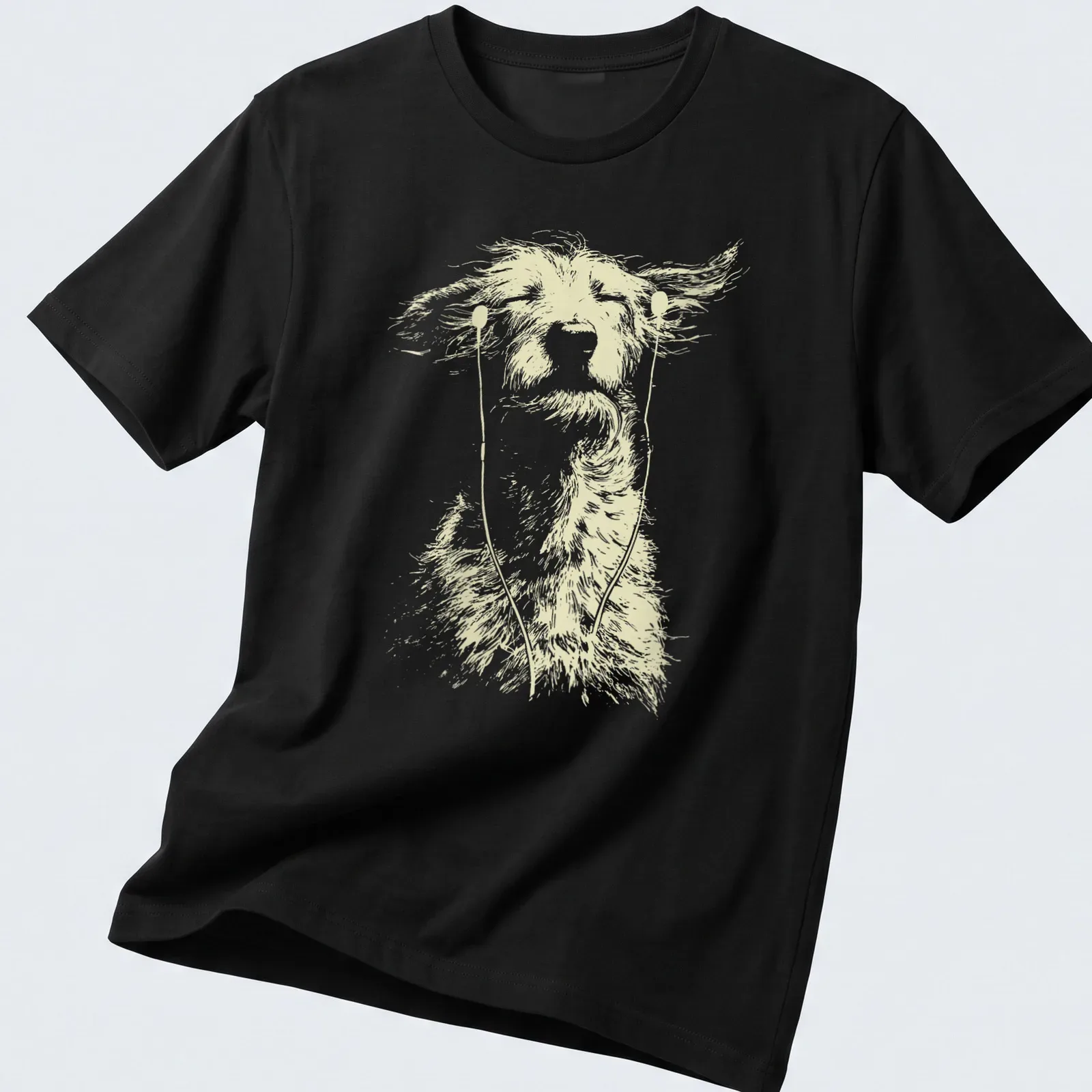 Sketch of an Irish Wolfhound with earbuds, enjoying music in light beige and white. — printed on a unisex t-shirt