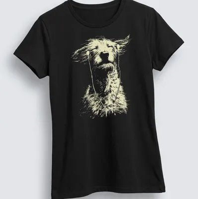 Sketch of an Irish Wolfhound with earbuds, enjoying music in light beige and white. — printed on a women's shirt