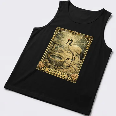 Vintage tarot design featuring a Japanese crane with the word 'TEMPERANCE' in earthy tones — printed on a tank top