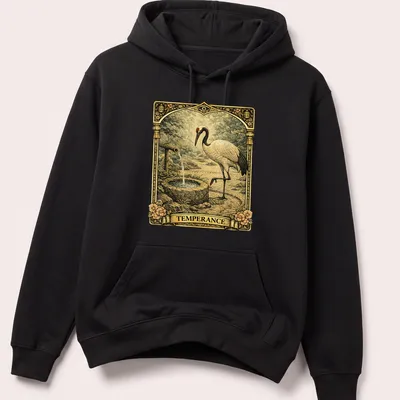 Vintage tarot design featuring a Japanese crane with the word 'TEMPERANCE' in earthy tones — printed on a unisex hoodie