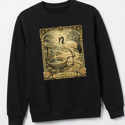 Vintage tarot design featuring a Japanese crane with the word 'TEMPERANCE' in earthy tones — printed on a unisex sweatshirt