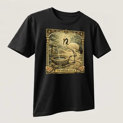 Vintage tarot design featuring a Japanese crane with the word 'TEMPERANCE' in earthy tones — printed on a unisex t-shirt (angled view)