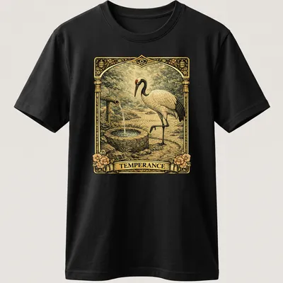 Vintage tarot design featuring a Japanese crane with the word 'TEMPERANCE' in earthy tones