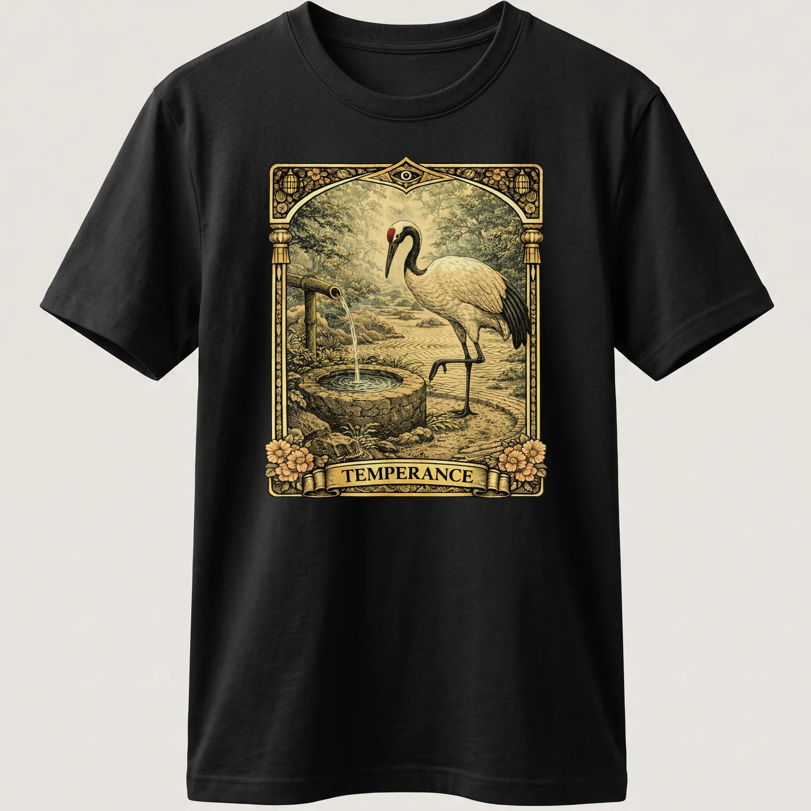 Vintage tarot design featuring a Japanese crane with the word 'TEMPERANCE' in earthy tones — printed on a unisex t-shirt