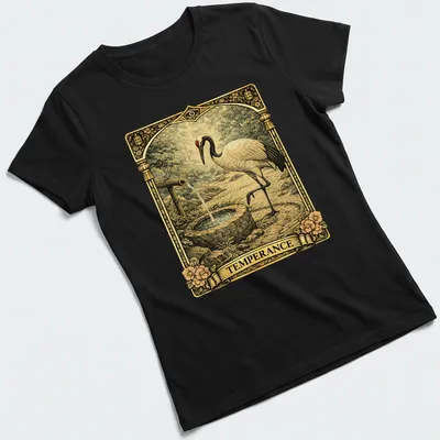 Vintage tarot design featuring a Japanese crane with the word 'TEMPERANCE' in earthy tones — printed on a women's shirt