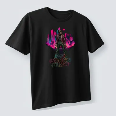 Vibrant retro Jazz Musician t-shirt with trumpet and playful text — printed on a unisex t-shirt (angled view)