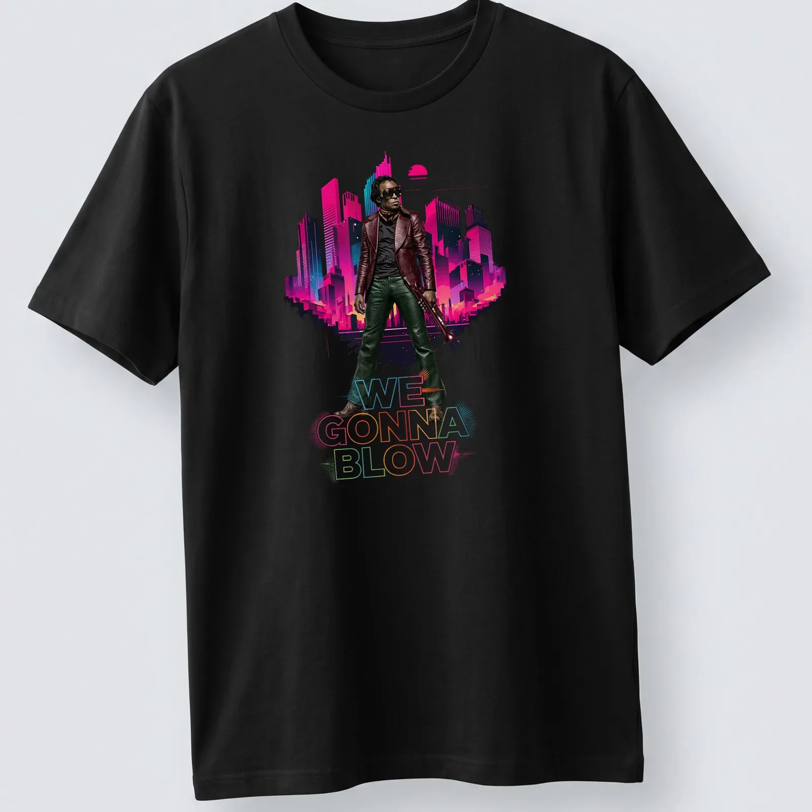 Vibrant retro Jazz Musician t-shirt with trumpet and playful text — printed on a unisex t-shirt