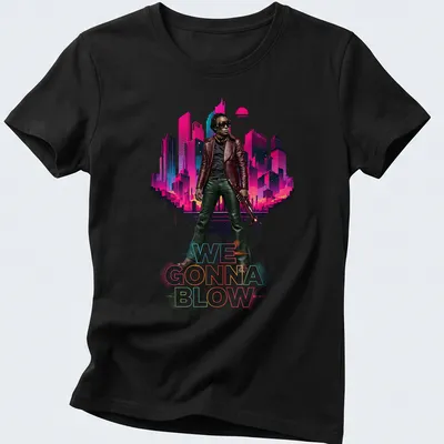 Vibrant retro Jazz Musician t-shirt with trumpet and playful text — printed on a women's shirt