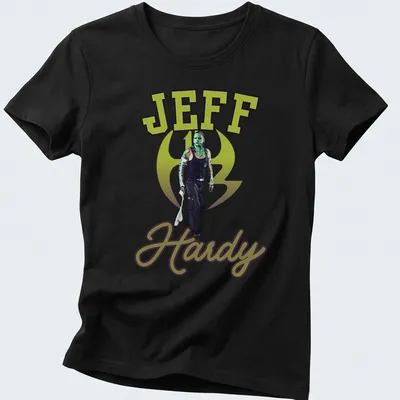 Bold graphic tee featuring Jeff Hardy in action with vibrant colors. — printed on a women's shirt