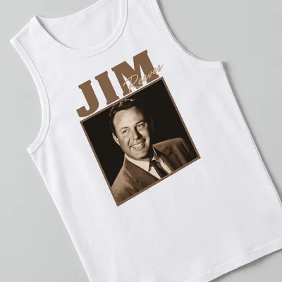 Vintage Jim Reeves T-shirt in brown and beige with retro design — printed on a tank top
