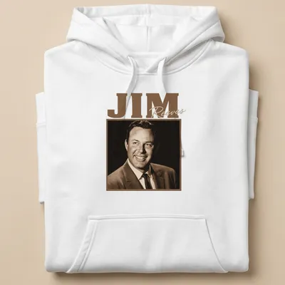 Vintage Jim Reeves T-shirt in brown and beige with retro design — printed on a unisex hoodie