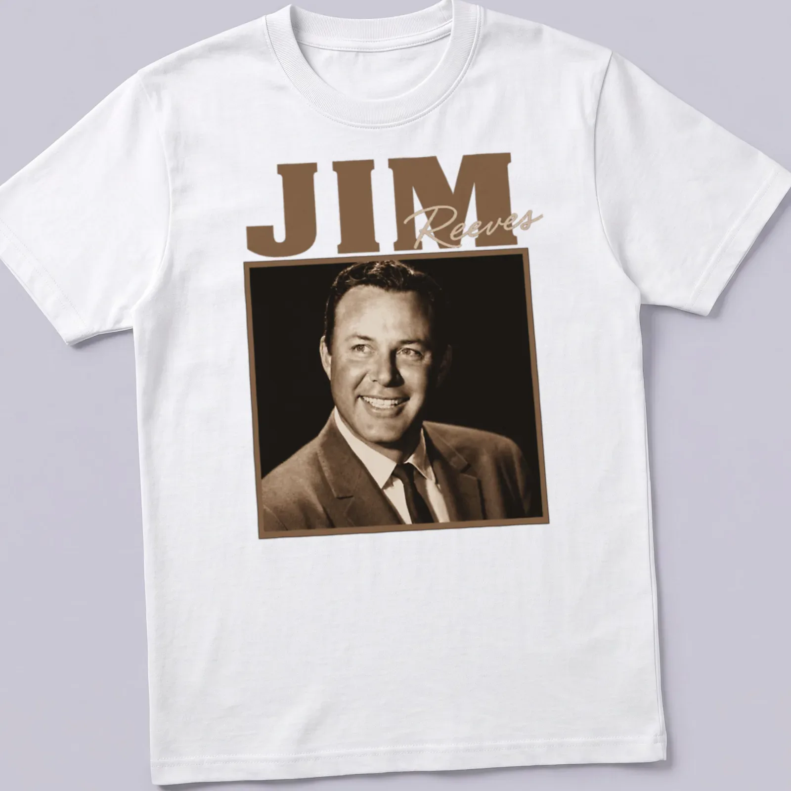Vintage Jim Reeves T-shirt in brown and beige with retro design — printed on a unisex t-shirt