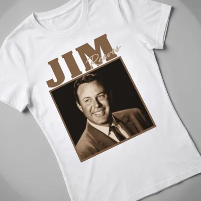 Vintage Jim Reeves T-shirt in brown and beige with retro design — printed on a women's shirt