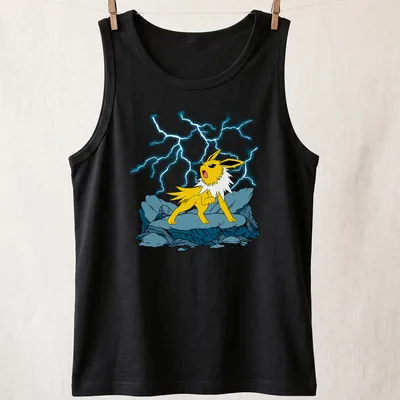 Cartoon Jolteon with lightning effects in yellow, black, blue, and white. — printed on a tank top