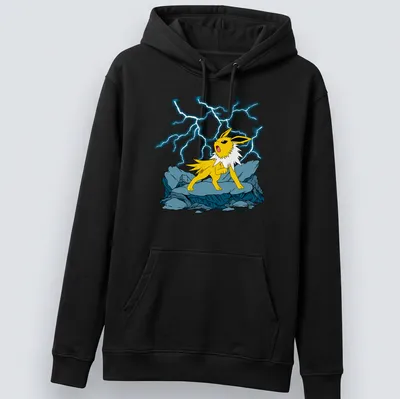 Cartoon Jolteon with lightning effects in yellow, black, blue, and white. — printed on a unisex hoodie