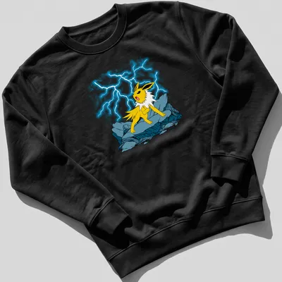 Cartoon Jolteon with lightning effects in yellow, black, blue, and white. — printed on a unisex sweatshirt