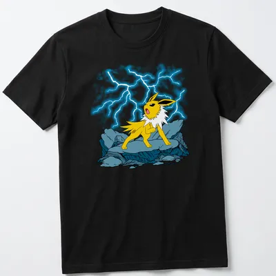 Cartoon Jolteon with lightning effects in yellow, black, blue, and white. — printed on a unisex t-shirt