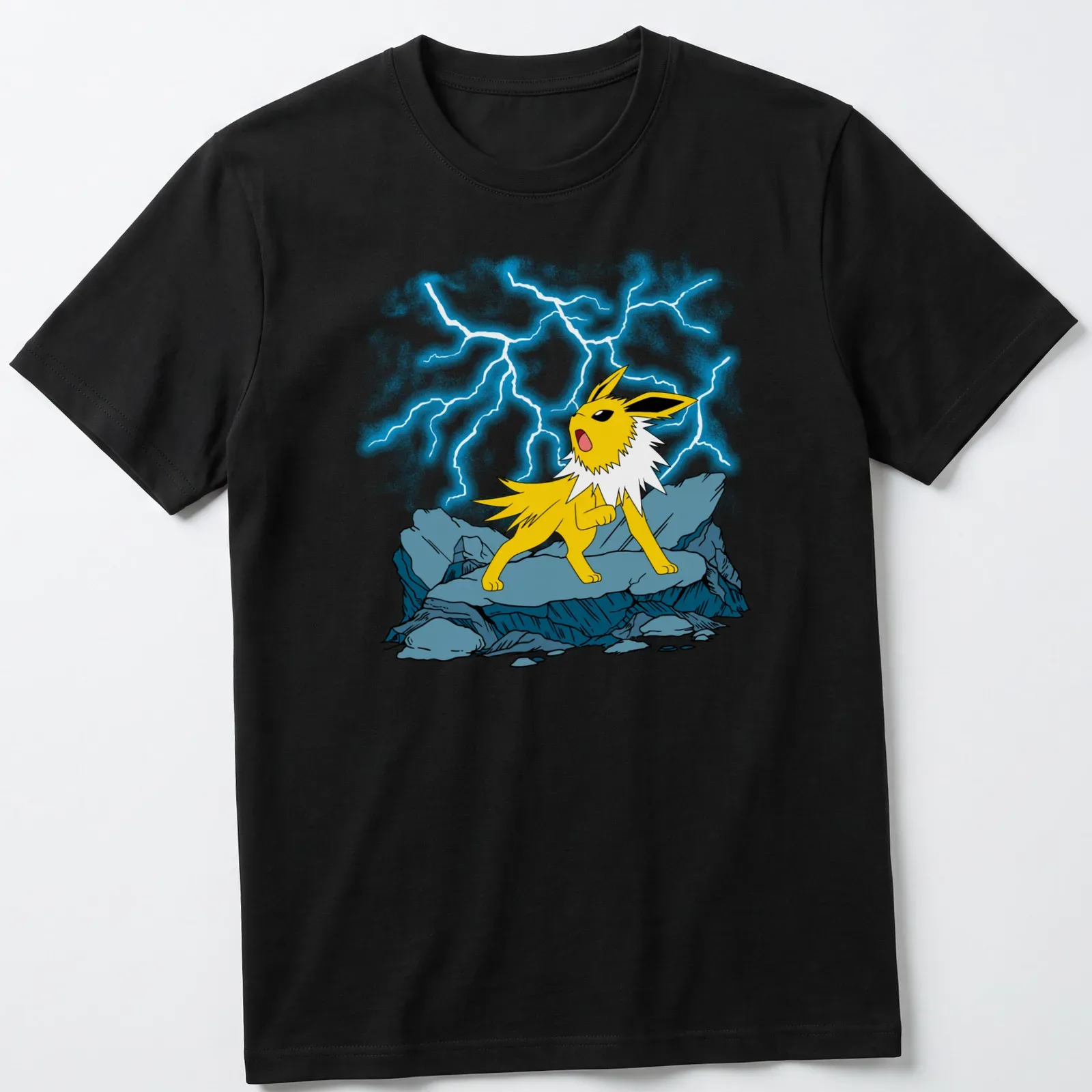 Cartoon Jolteon with lightning effects in yellow, black, blue, and white. — printed on a unisex t-shirt