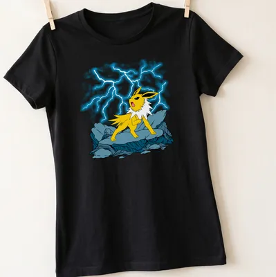 Cartoon Jolteon with lightning effects in yellow, black, blue, and white. — printed on a women's shirt