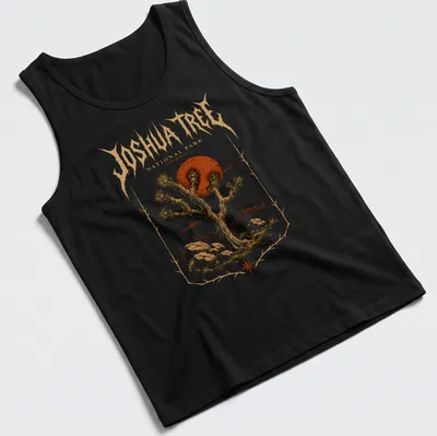 Metal art style Joshua Tree National Park t-shirt with bold lettering — printed on a tank top