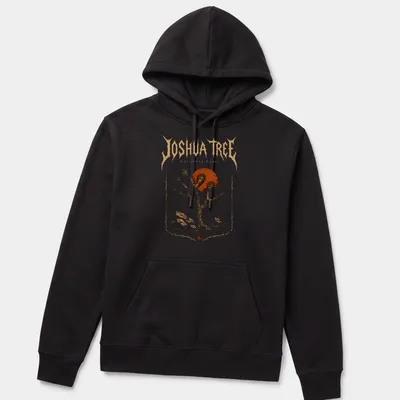 Metal art style Joshua Tree National Park t-shirt with bold lettering — printed on a unisex hoodie