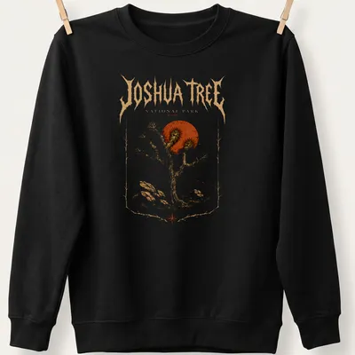 Metal art style Joshua Tree National Park t-shirt with bold lettering — printed on a unisex sweatshirt