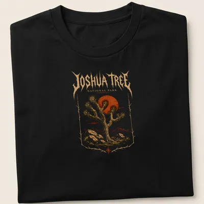 Metal art style Joshua Tree National Park t-shirt with bold lettering