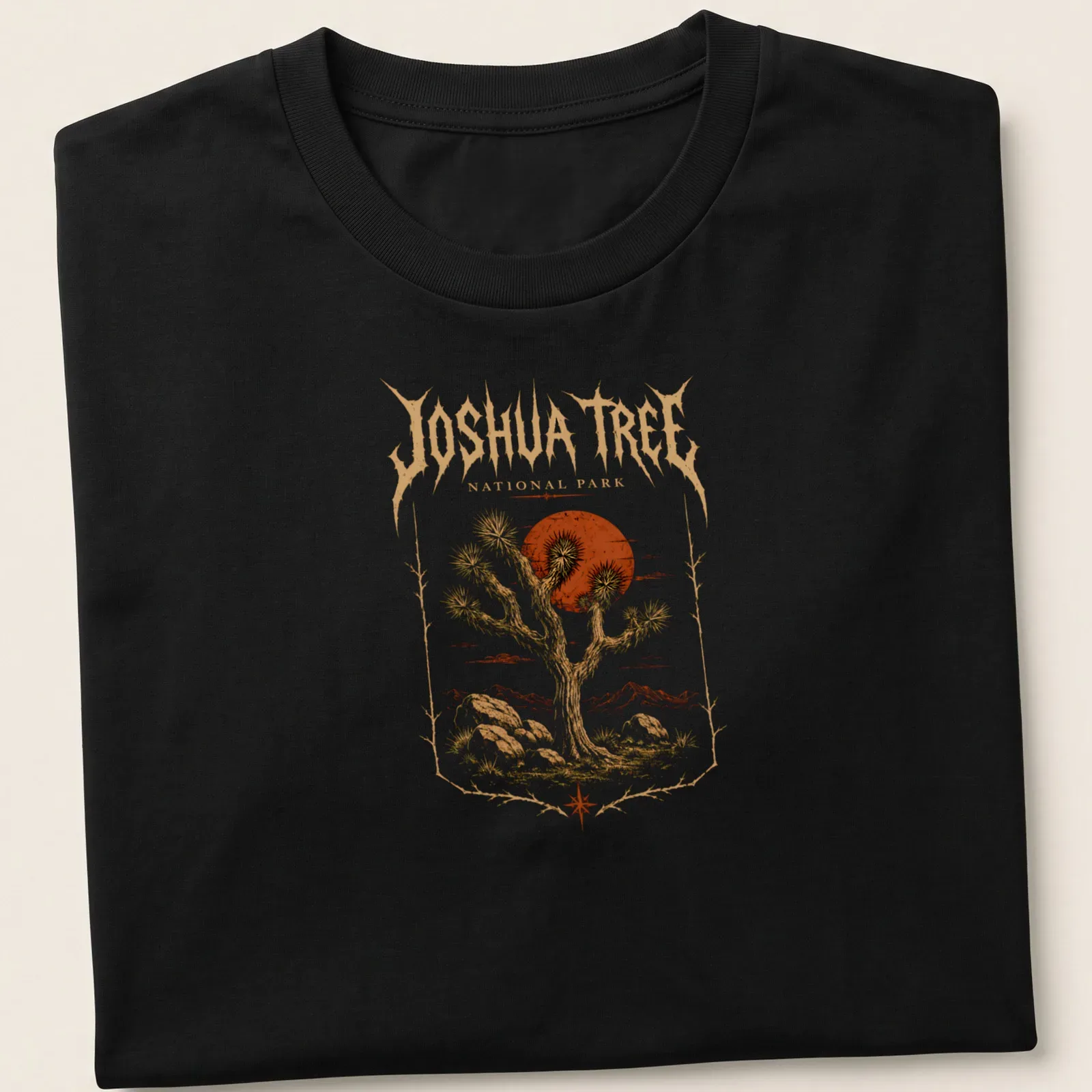 Metal art style Joshua Tree National Park t-shirt with bold lettering — printed on a unisex t-shirt