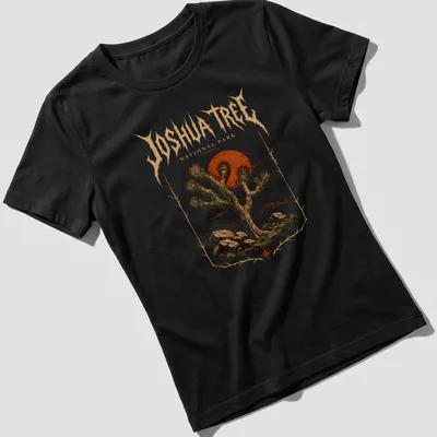 Metal art style Joshua Tree National Park t-shirt with bold lettering — printed on a women's shirt
