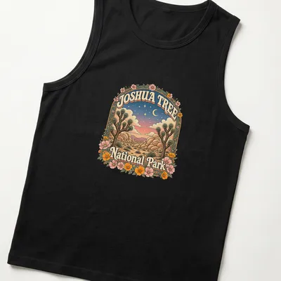 Vintage illustration of Joshua Tree National Park with colorful landscapes — printed on a tank top